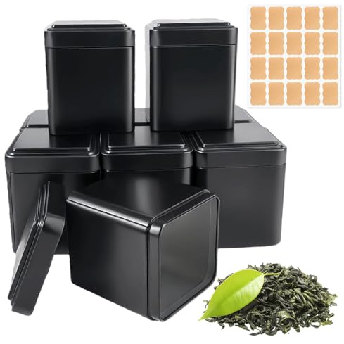 DGN 9 Piezas Bote para Té a Granel, 7x7x8 cm Cajas Cuadradas Clásicas para Té, con 20 Etiquetas adhesivas, Tarro para Te a Granel, Lata de Te Hermético de Metal para Café, Especias, Hierbas, Dulces