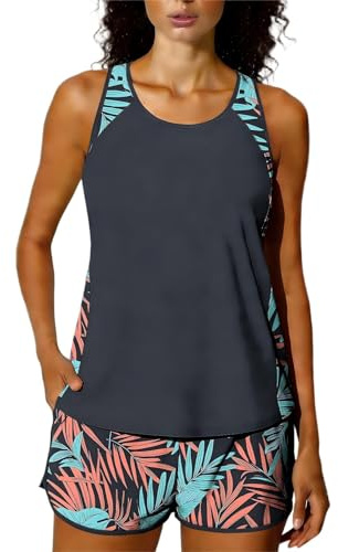 Women Padded Tankini Swimsuit with Shorts 2 Pieces Push Up Tankini Top Bra Support & Boyshorts Set Ladies Tummy Control Modest Swimwear Athletic Foral Printed Swimming Costume Bathing Suits Beachwear