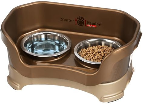 Neater Feeder Deluxe Mess Proof Cat Bowls Elevated for All Breeds – Made in USA – No Spill Raised Bowls for Indoor Cats – Stainless Steel Food and Water Bowl Set, Pet Dish Feeding Station, Bronze