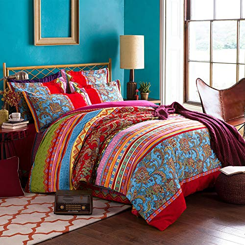 Lanqinglv Böhmisch Bettwäsche 200x200cm 3 Teilig Bunt Indischen Boho Bohemian Bettbezüge mit Reißverschluss und 2 Pastoral Kissenbezug 80x80cm - 100 g/m² Mircrofaser (QCHX,200)