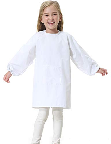 Yundxi Wasserdicht Malschürze Kinder Bastelkittel Kinderschürze Bastelschürze Langarm Malkittel Kinder Schürze (Weiß, Mittel)