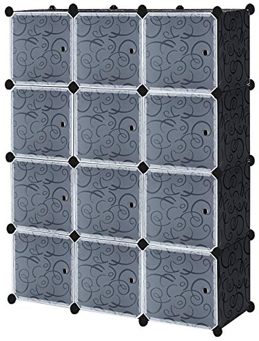 UISEBRT Armario portátil DIY Armario sistematizado, Guardarropa portátil para Colgar Ropa Estantería Modular Plástico PP, 12 Cubos con Puerta, Negro con Patrón