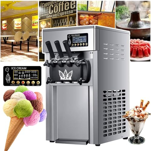 MáQuina De Helado Comercial De 1200 W, MáQuina De Helado De Cono Dulce Para Restaurantes, PasteleríAs, CafeteríAs, 16L-18/H | 3 Sabores| Acero Inoxidable | Pantalla Digital Lcd | Alerta De Escasez