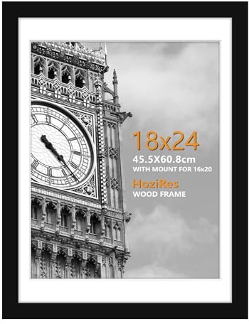 HoziRes 18 x 24 Inch Frame, 100% Solid Wood 24 x 18 Inch Picture Frame Black, Poster Frame 18 x 24 Inches with Plexiglass Front for Wall Mounting, Photo Frames with Mat for 16 x 20 inch Printing