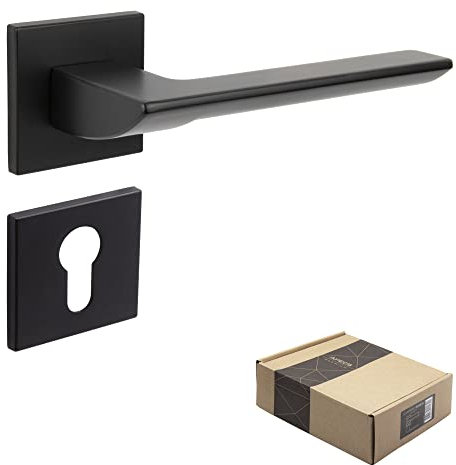 APECS ELECTRA PZ - Maniglia per porte interne, nera opaca, moderna, per porta di casa, porta interna con rosette quadrate, maniglia con materiale di fissaggio