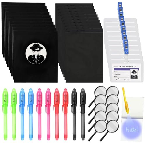 DASIAUTOEM 50stk Detektive Spielzeug Kinder Set, Detektiv Mitgebsel Kindergeburtstag mit UV Zauberstifte Notizbuch Detektivausweis Lupen Tüten, Entdecker Rollenspiel Gastgeschenk für Jungen Mädchen