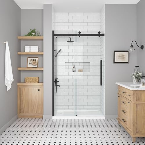 OVE Decors Bel 48-in W x 81-in H Frameless Sliding Shower Door Alcove Shower Kit, Shower Base and Side Panel Included in Matte Black and Clear Glass
