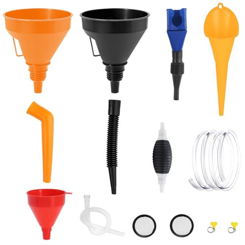 RYAN 5 Stück Trichter Set Trichter mit Schlauch mit Abnehmbarem Auslauf für Auto Werkstatt und Haushalt Multifunktion Trichter öl Rot/Orange/Schwarz