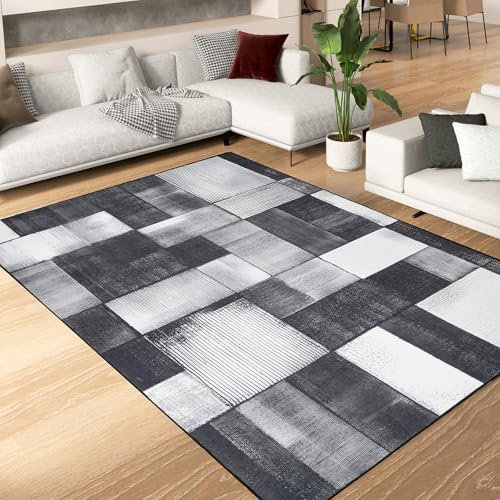 Alishomtll Teppich Wohnzimmer Schlafzimmer Waschbar Kurzflor Anti-Rutsch TPR Unterseite Langlebig Robuster Polyester Teppich Rechteckig Pflegeleicht, Schwarz Grau 160x230 cm