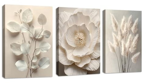 3Pcs Neutro Beige Floral Planta Marco de madera Cuadros Decoracion Salon,3D Textura Flor Botánico Cuadros Pintura Lienzos decorativos Dormitorio Comedor Decoración de Pared Listo para colgar 40x60cmx3