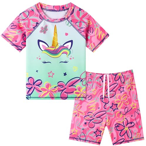 WAWSAM 2 Pieces Girls Rash Guard Toddler Swimsuit Girl Swimsuit Short Sleeve Bathing Suit for 3-6 Years (US, Age, 5 Years, Unicorn Pink)