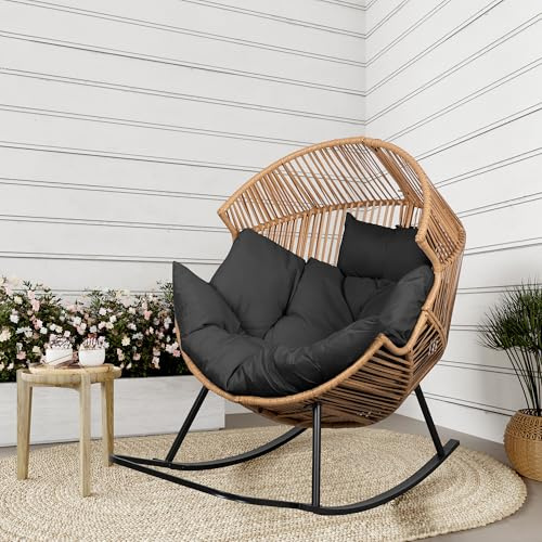Shintenchi Wicker Egg Chair,Outdoor Indoor Rocking Chair,Large PE Rattan Rocking Chair with Cushion for Patio, Balcony, Backyard, Garden,Deep Grey
