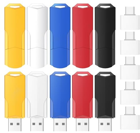 2GB Flash Drives 10 Pack Wooolken USB 2.0 Thumb Drives with 5 Pack USB C Adapters and Lanyards,Memory Sticks for Data Storage