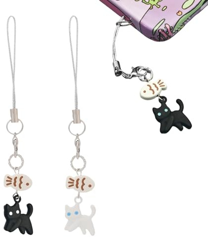 BelleFlair 2 Pcs Gatto Nero Pesce Portachiavi per Telefono, Adorabili Phone Charms, Kawaii Accessori per Cellulari, Custodia per Auricolari Charm Fotocamera, Kawaii Decorazione per Amanti dei Gatti