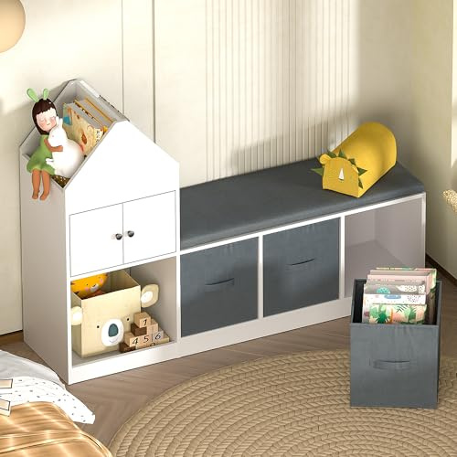 Reading Nook for Kids, Children Bookshelf with Soft Cushion, Toddler Toy Storage Organizer with 6 Storage Cubbies for Kids Room, Reading room, Playroom,Bedroom,Nursery (White with 3 Storage Bins)