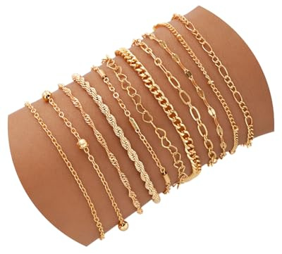 HUVZOR 11 Pièces Bracelet Femme Or Bracelet Plaqué Or 14K Réglable Bracelets Femme Doré Acier Inoxydable Ensemble Bracelets Serpent Figaro Chaîne pour Femmes Filles