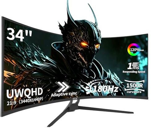 ZZA UltraWide 34 inch Curved Monitor 1500R PC Screen 180HZ/165hz Refresh Rate WQHD 3440x1440 Computer Gaming Monitor VA PanelAMD FreeSync Premium | HDR10 | 99% sRGB | VESA