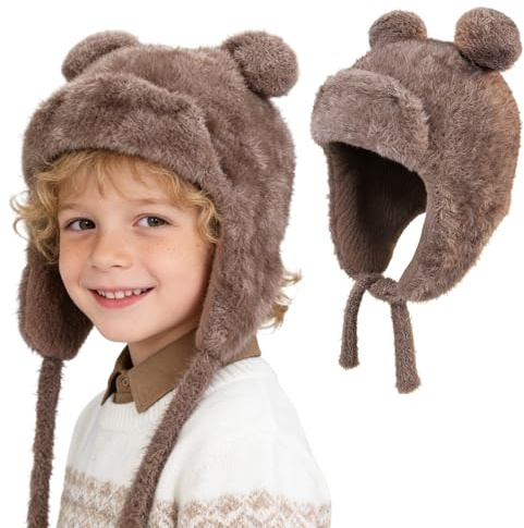 AYPOW Carino Orecchie di Orso Caldo Berretto a Maglia per Bambini 4 ai 10 Anni, Invernale Copriorecchie Cappello, Morbido Delicato sulla Pelle Antivento Elastici Cappelli Beanie per Ragazzi Ragazze
