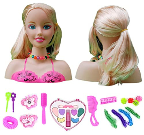 Sxhlseller Tête de Coiffure Poupée 17 Pièces Maquillage Semblant Ensemble de Jeu pour Filles Jouet éducatif Cadeau pour Enfants, Matière Plastique Durable pour Le Maquillage et L'habillage Playhouse