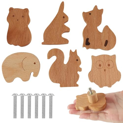 MHwan Poignée Meuble, 6 Pièces Boutons en Bois Massif, Motif Animaux Mignons, Texture Naturelle, Décoration pour Chambre d'Enfant, Boutons pour Commode