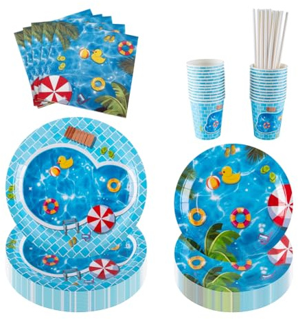 PHUNAT Juego de platos, vasos y servilletas de fiesta temática de piscina de verano para 25 invitados, incluye platos de papel (7 y 9 pulgadas), vasos, servilletas, pajitas, ideal para fiestas de