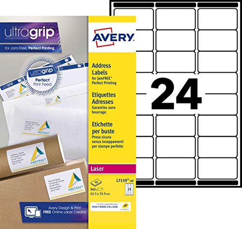 Avery Étiquettes Autocollantes Blanches, 960 Pièces, L7159-40, 63,5 x 33,9mm, Papier A4, Feuille A4, Pour Imprimantes Laser, Anti-Bourrage, FSC Certifiées, Pour adressage et expédition