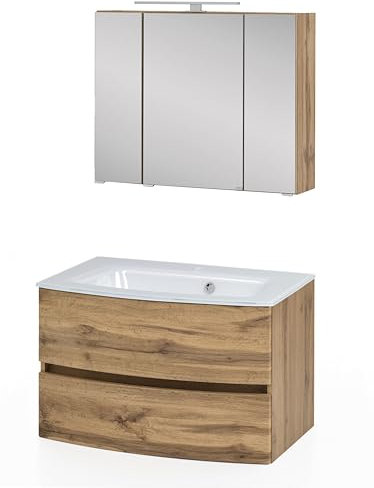 Badezimmerkombination Kornel 1 2-teilig mit weißem Waschbecken - Eiche