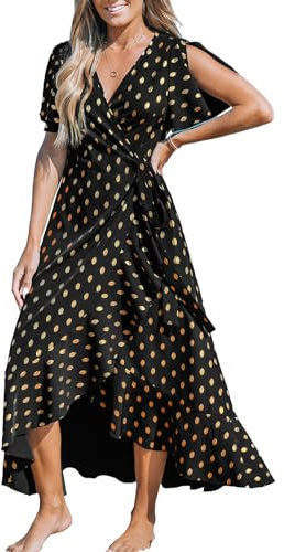 CUPSHE Femmes Été Envelopper Robe longue Occasionnel Diviser Manches évasées Col en V Ditsy Ceinture nouée Ébouriffé Robes de plage