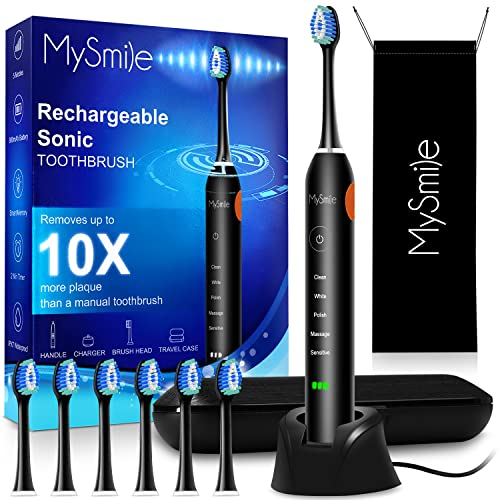 MySmile Electric Toothbrush for Adults, Rechargeable Sonic Electronic Toothbrush with 6 Brush Heads and Travel Case, 5 Modes 2 Mins Smart Timer, 48000VPM 10X Powerful