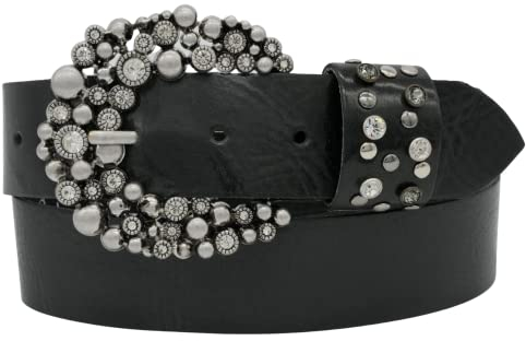 AnnaMatoni Damen Leder Gürtel weiches Rindsleder 3mm stark mit Hochwertiker Strassstein Schließe 4cm breit Damen Ledergürtel (schwarz 790, TW80 - Gesamtlänge 95cm)
