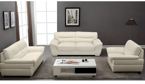 Vente-unique - Sofa 3-Sitzer + Sofa 2-Sitzer + Sessel Thibault - Leder - elfenbeinfarben