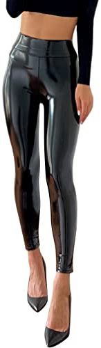 Minetom Femme Pantalon en Cuir PU Legging Skinny Extensible Pantalon Similicuir Taille Haute Slim Fit Doux Leggings C Noir L