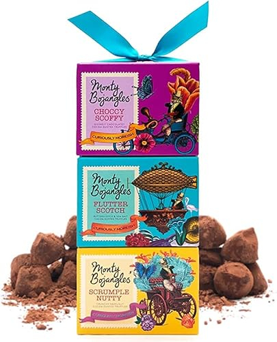 Monty Bojangles Schokoladentrüffel- Pralinen Sortiment mit Kakao bestäubt in Geschenkturm (3x100 g), 3 verschiedene Schokolade Geschmacksrichtungen, preisgekrönte Pralinen