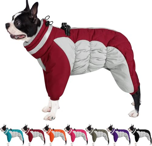 AOFITEE Fullbody Dog Coat - Warm Dog Christmas Coat Fleece Jacket for Medium Dogs, Turtleneck Winter Coats with Harness, Reflective Dogs Puffer Jacket Four Legged Jackets for French Bulldog, Red M