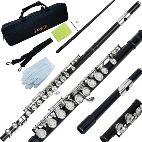 KAYATA C Flute with Closed Hole 16 Keys, Suitable for Student and Beginner, Including Cleaning cloth, Carrying Case, Gloves and Tuning Rod. Nickel Plated Flute (Black)