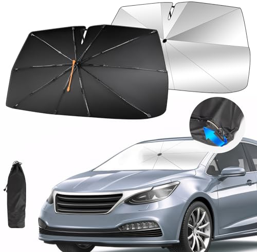 GOHHME Auto Sonnenschutz Frontscheibe Sonnenschirm Regenschirm Sonnenblende für Auto 360° Drehbare Faltbare Feder Design 10 Rippen Sonnenschutz UV-Block Auto Frontscheibe Sonnenblende 150 x 82 cm