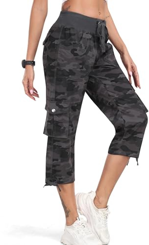 JINSHI Pantalones Cargo Mujer Verano 3/4 Capri Pantalón Casual Ligero Pantalones de Senderismo Deportivos Multi-Bolsillos Gris Camuflaje Talla L