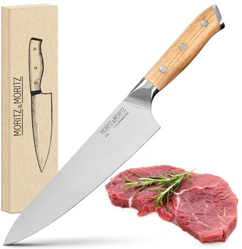 Moritz & Moritz Coltello da Chef 20 cm - Coltello da Cucina Professionale per Carne, Verdure e altro - Coltello Universale di Alta Qualità - Coltello da Cucina con Manico Ergonomico in Legno di Acacia
