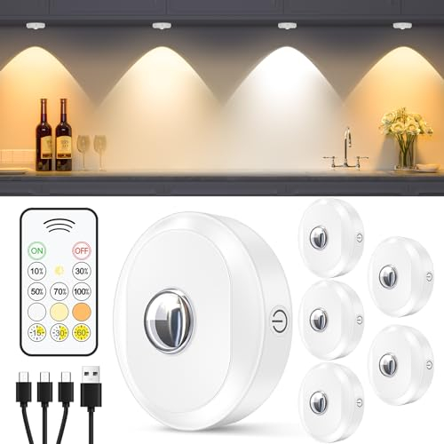 WILLED Rechargeable Puck Lights with Remote, LED USB Under Cabinet Kitchen Lights, 3 Color Temperatures, Timing Function, Dimmable Under Cupboard Kitchen Lighting, Wireless Stick on Light, 6 Pack
