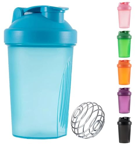 SHENGRUI Protein shaker-flaska med trådblandningsboll, 400 ml läckagesäker, diskmaskinssäker, blanda proteinpulver, före träning och skakningar smidigt för gym, löpning och sport (blå)