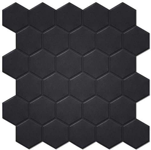 WalDecoo Azulejos De Pared Autoadhesivos De 1,6 mm De Grosor, Adhesivos Hexagonales Negros Mate para Salpicadero De Cocina, Baño y Decoración Del Hogar (10 Hojas, 12 x 12 Pulgadas)