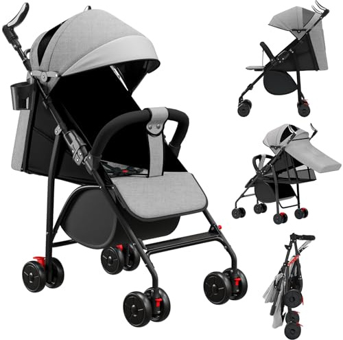Willonin Kinderwagen, Gehstock Buggy, Grau, 0-4 Jahre, 25 kg, Verstellbarer Griff, 4 Räder, Baumwollmatte + Moskitonetz