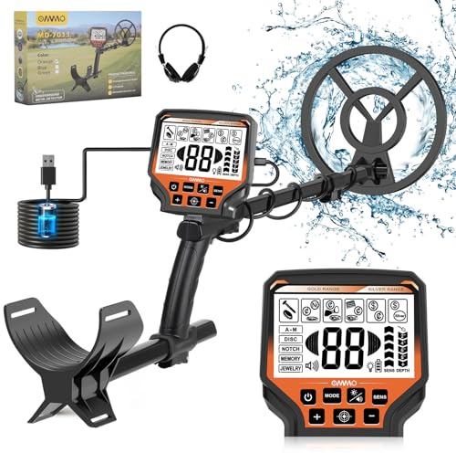 Type C : OMMO détecteur de métaux pour Adultes Professionnels, détecteur de métaux Rechargeable par USB, 6 Modes, Tige réglable de 69,8 à 124,5 cm, Haute précision, Bobine étanche IP68 de 25,4 cm