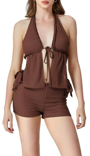 LYSINK Dam virkad ihålig 2 delar sexig framhals knytning halter rygglös topp låg midja shorts Y2K strandkläder, Ba mörkbrun, M