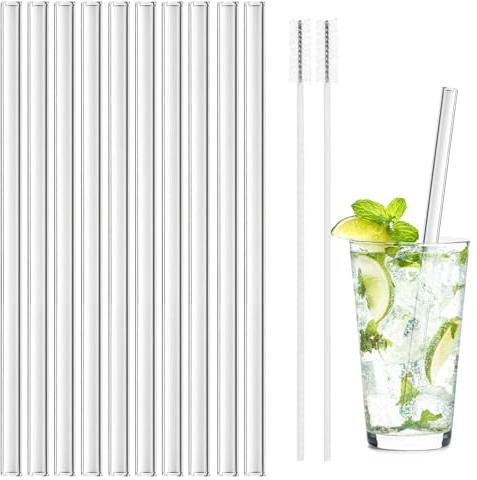 10 pajitas de cristal reutilizables, 20 cm, pajitas de cristal rectas con 2 cepillos de limpieza, pajitas de cristal transparente de calidad, aptas para lavavajillas, para té, granizados, cócteles