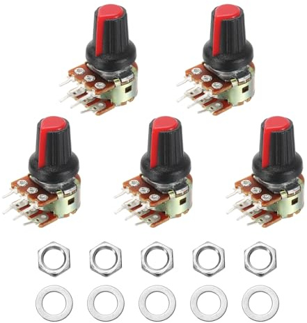 sourcing map 5 Set WH148 B1K Ohm Potentiometer Kit, 6-Pin Split Shaft Rotary Linear Dual Taper Rotary Audio Potentiometer with Knob Nut and Washer for Audio Volume Control, 15mm Shaft, Red