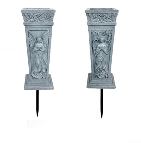 Glewi Jarrón de resina para cementerio al aire libre con estaca de metal y agujero de drenaje, diseño de ángel, soporte de flores para sitios conmemorativos, jardines y césped