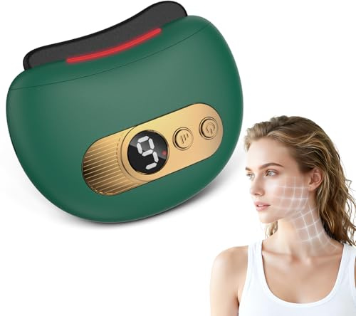 EMS Gua Sha Elektrisk hals ansiktsmassageapparat, elektrisk ansiktsmassageapparat med 9 intensitetsnivåer, 45 °C V formad ansiktssäng, anti-rynkor, åldrande, rynk- och svullnadsminskning
