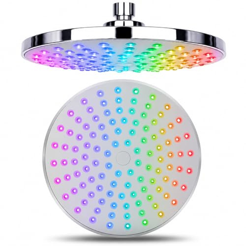 Topolenashop Soffione Doccia LED Cromoterapia Ø20 cm Argento Rotondo Multicolore RGB Senza Batterie con 7 Colori Automatici Attacco Universale 1/2 Ugelli Anticalcare Effetto Pioggia