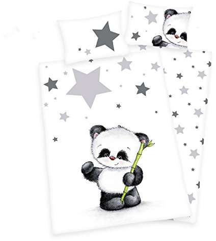 Set da 3 pezzi di biancheria da letto per neonato, double-face, motivo panda, 100 x 135 cm + 40 x 60 cm + 1 lenzuolo con angoli 70 x 140 cm